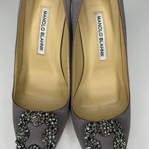 MANOLO BLAHNIK | Grey Satin Jewel Crystal Pumps Heels US 7.5 IT 38